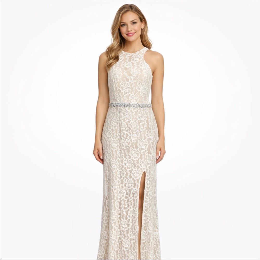 City Triangles Formal Dress Size 9 Ivory Lace Overlay Rhinestones Slit Prom HOCO